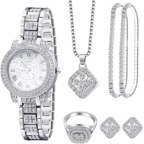 6-Piece Silver-Tone Collection with Necklace, Bracelet, Ring, Earrings & Watch - Picture 1 of 8